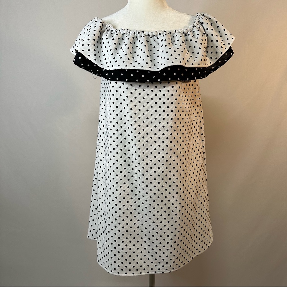 Zara Tunic Dress Off Shoulder Sleeveless Polka Dot Black White Size M